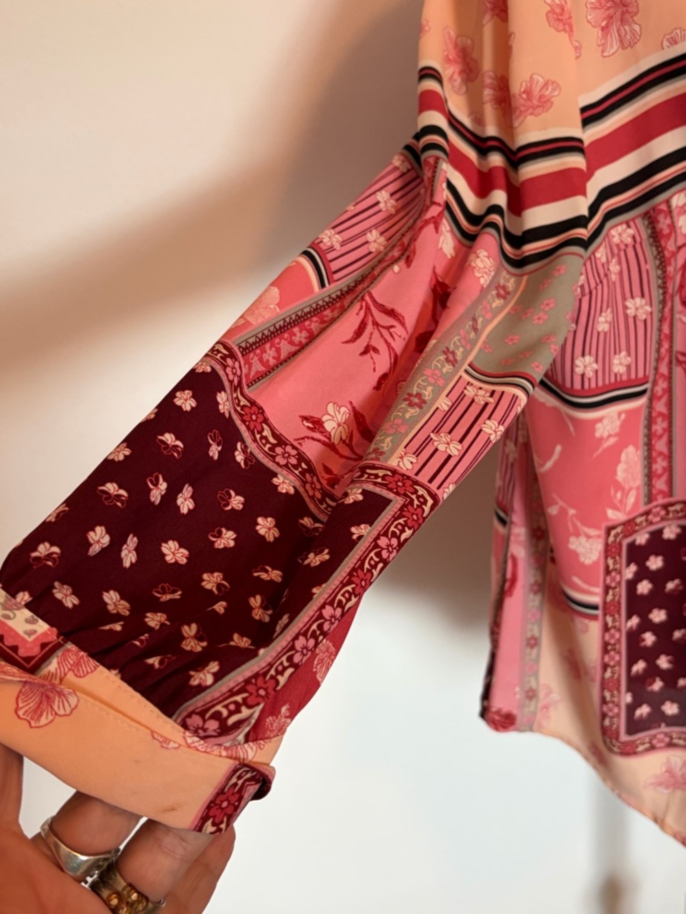 #604 Talbots BoNo Beautiful Pink Floral Patchwork Tie-Neck Blouse - Picture 6 of 12